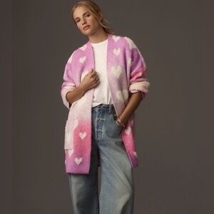 Maeve by Anthropologie Purple Pink Heart-Print Open Cardigan Sweater size M/L